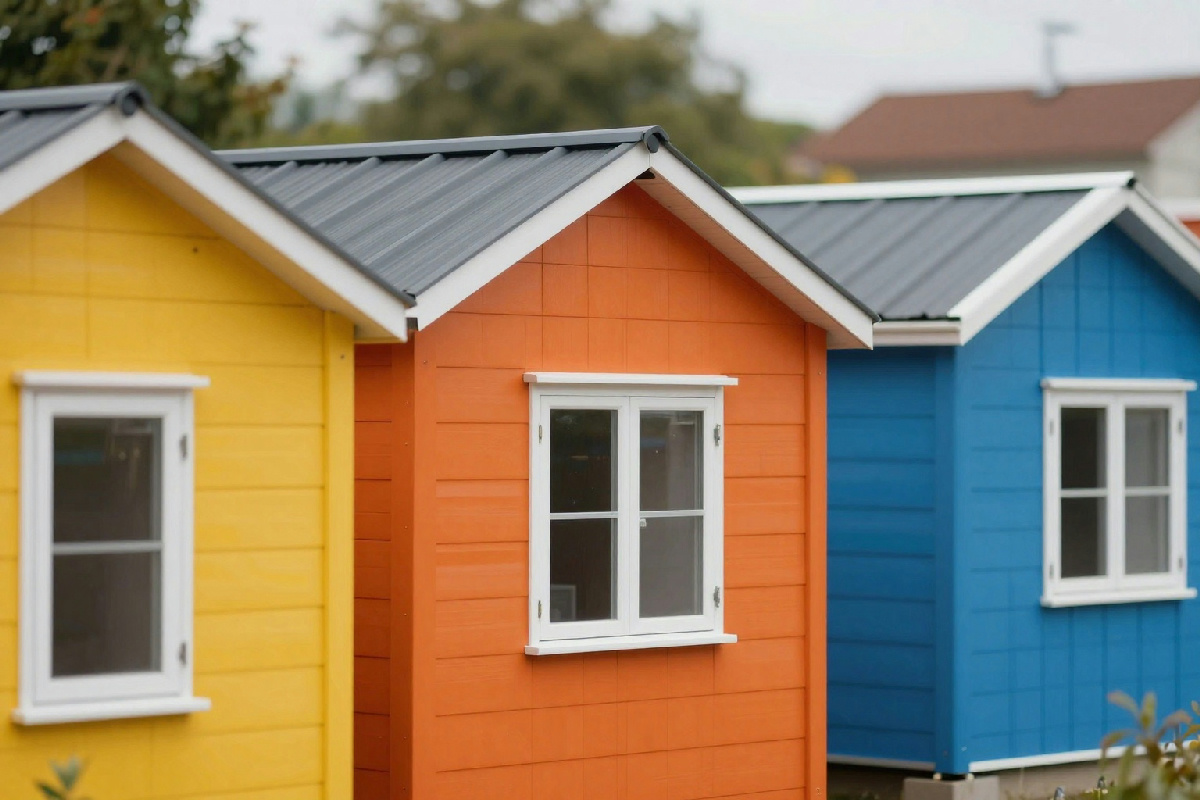 Tre case prefabbricate identiche condividono la stessa vita familiare: un progetto unico e affascinante